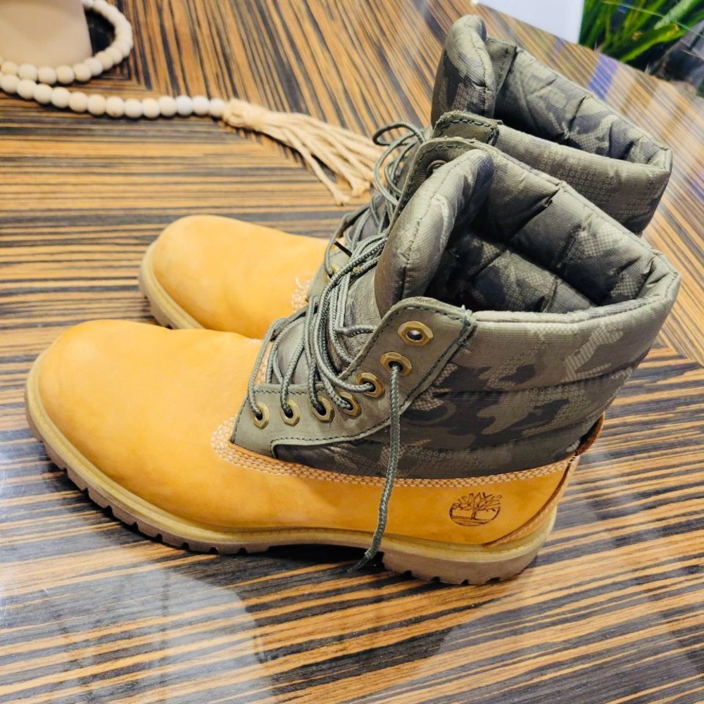 Timberland Tan and Green Camo Boots